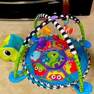 Baby floor mat with detachable mesh toys. Becomes ball pit. Balls included.